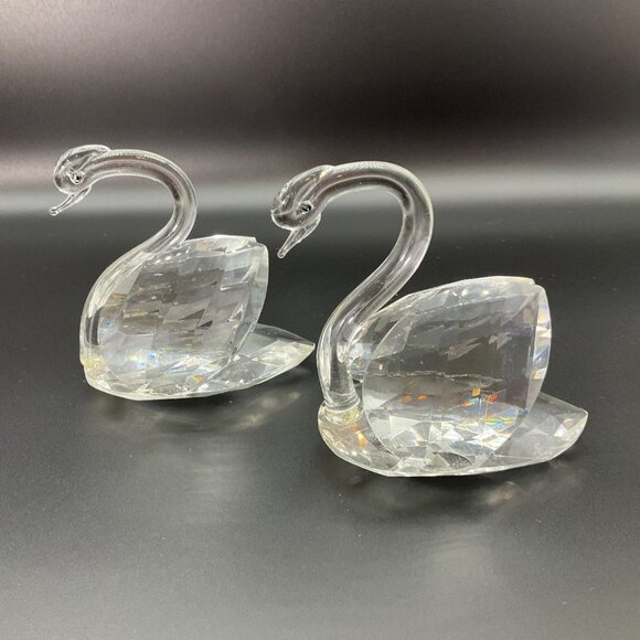 Vintage Set 2 Crystal Art Glass Swan Faceted Figurine Paperweight MCM Art Deco - Picture 4 of 9